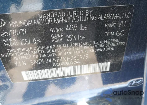 2019 Hyundai Sonata Se from USA, damaged, VIN 5NPE24AF4KH780973